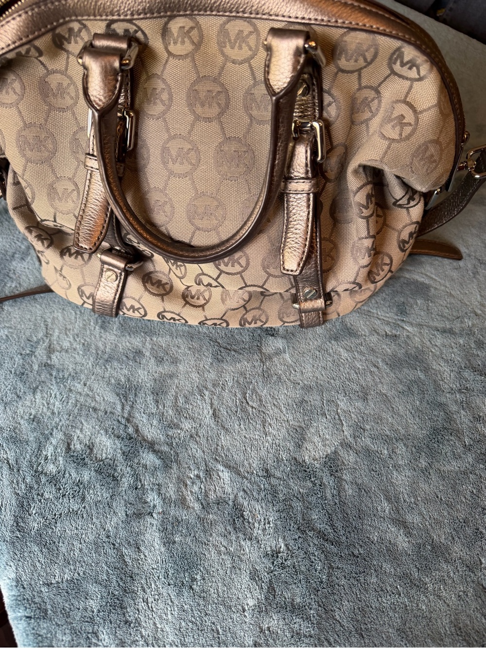Michael Kors Beige and Bronze MK Logo Satchel